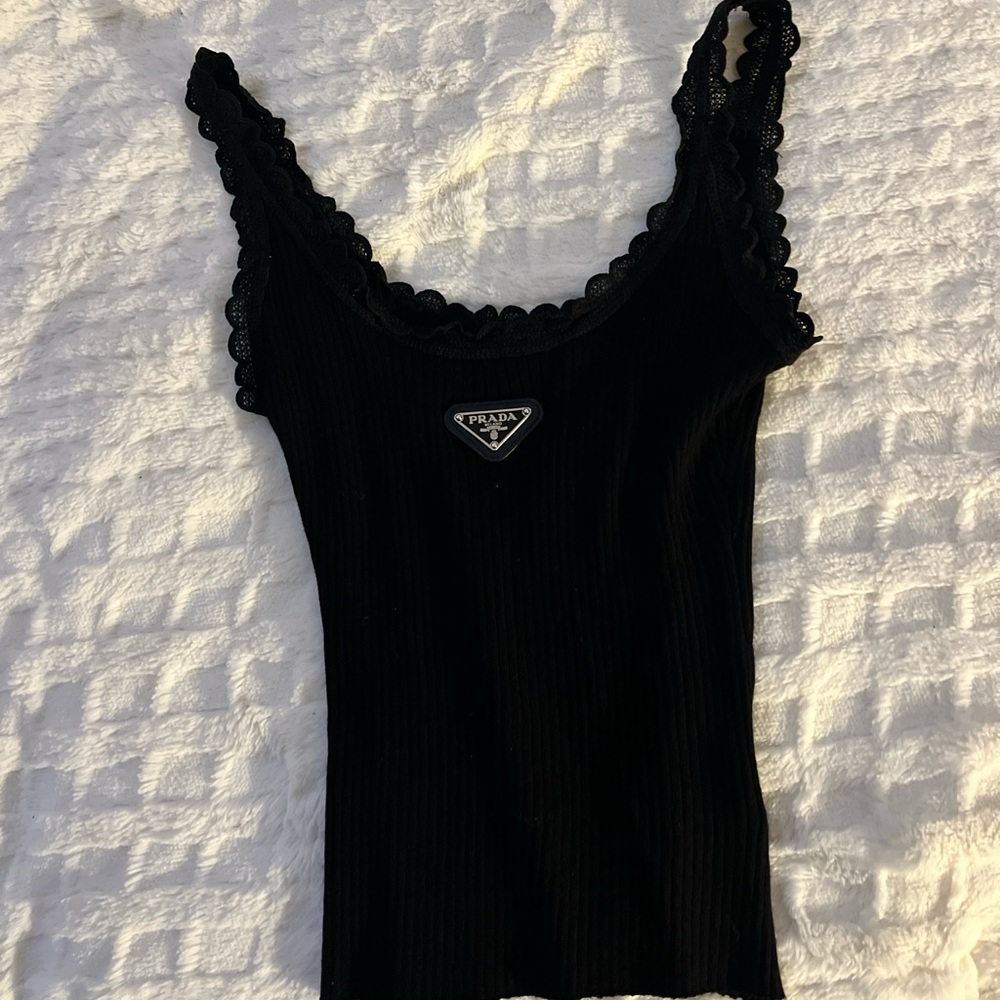 Prada Black Ribbed Camisole with Lace Detail